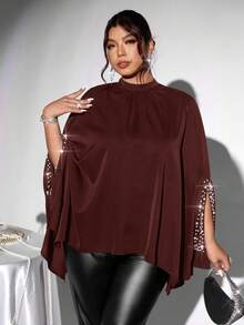 Firerie Mandarin Collar Poncho-Style Loose Batwing Sleeve Blouse With Pearl & Sequin Trim, Elegant Plus Size Women's Shirt For Valentine's Day, Concerts, Performances, Dates, Formal Occasions, Commuting, Back To School, Romantic, Office Wear, Mermaid Style, Birthday Party Cape Top Fall Clothes Plus Size Poncho Top Plus Size Women Clothes Plus Size Top Plus Size Fall Clothes - Rust Brown - View 4