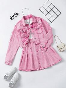 Tween Girls 2-Piece Denim Set, New Arrival For Autumn/Winter - Pink Denim, Y2K Style, Distressed Ripped, Fitted, Girls Denim Jacket & Pleated Mini Skirt, Comfortable Cotton Denim, Suitable For Daily Wear, Party, School, Commute Pink Denim Outfit Kids Kids Two Pieces Denim Outfit Pink Skirt Set Girls - Pink - View 3