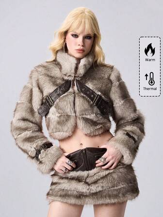 Grunge Punk Chaqueta corta de mujer de invierno con cuello alto, manga larga, diseño de botones de ojal y forro de piel sintética