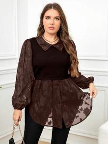 SHEIN LUNE Áo thun tay dài phối lưới màu tương phản thanh lịch cho nữ cỡ lớn - Cà phê nâu - Xem 4