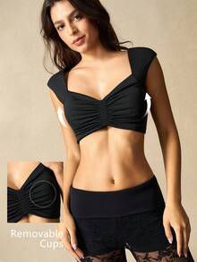 VARSIVA Camiseta deportiva corta y sexy de unicolor con pliegues - Negro - Ver 1