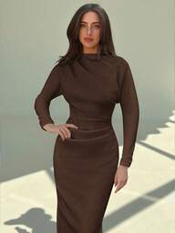 Aloruh Neues einfarbiges, vielseitiges, elegantes, intellektuelles, minimalistisches Büro-/Pendler-Kleid mit geraffter Dekoration, locker geschnittener Oberteil, taillierter Taille und bodycon Maxi-Länge mit Langarm