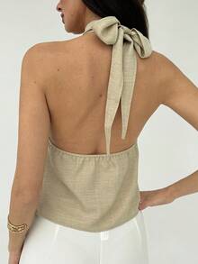 Aloruh 女士性感纯色露背吊带上衣，夏秋季，适合所有年龄段，尺码齐全，适合秋季穿着，露肩米色吊带上衣，配金属装饰扣，适合新年夜穿着。 - 灰色 - 查看 3