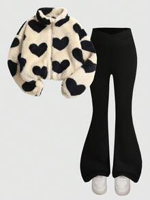 SHEIN 秋冬款女童宽松毛绒心形拉链夹克和喇叭裤套装 - 彩色 - 查看 6