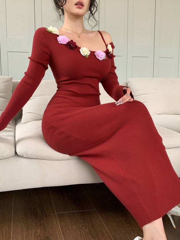 Women's Elegant Floral Embellished Fitted Mermaid Dress, Suitable For New Year, Christmas, Wedding, Party, Ball Gown, Autumn/Winter/Spring