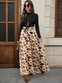 EMERY ROSE Đầm dài tay dài cổ cao họa tiết hoa giản dị, thắt eo thanh lịch dành cho nữ mùa thu/đông - Nhiều màu - Xem 4