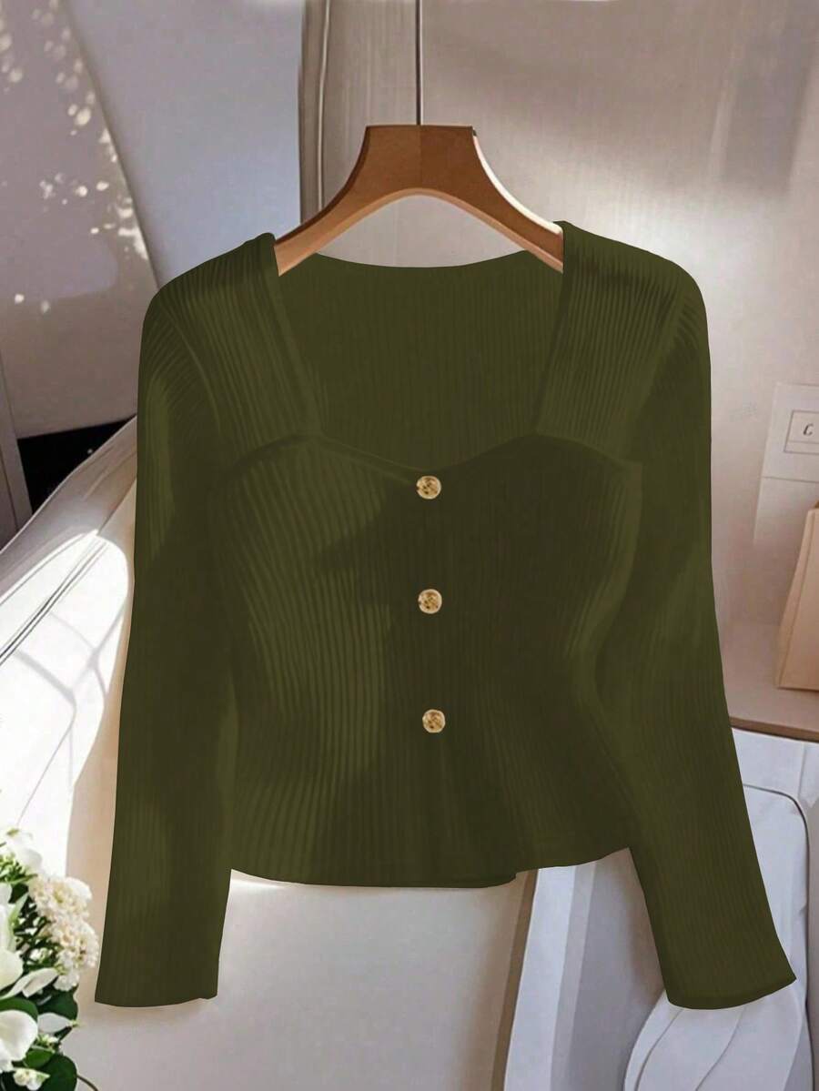 GlowEve Women's Fashion Business Metal Button Design Long Sleeve Casual T-Shirt - Army Green - View 1