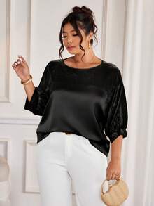 Cravure 大码圆领七分袖金属面料拼接撞色插肩袖休闲套头衫，适合外出、度假、通勤、派对等场合。 - 黑色 - 查看 7