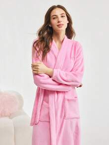 Bonmuse 1 pieza Bata elegante de mujer con cuello en V, manga larga y cinturón, para otoño/invierno - Rosa - Ver 7