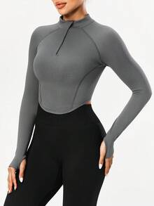 SHEIN Sports 女式纯色插肩袖拉链部分门襟日常健身运动T恤 - 灰色 - 查看 1
