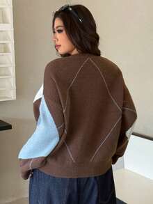 Dazy Plus Fashionable Color Block V-Neck Diamond Pattern Loose Plus Size Pullover Sweater For Women, Autumn/Winter - Chocolate Brown - View 2