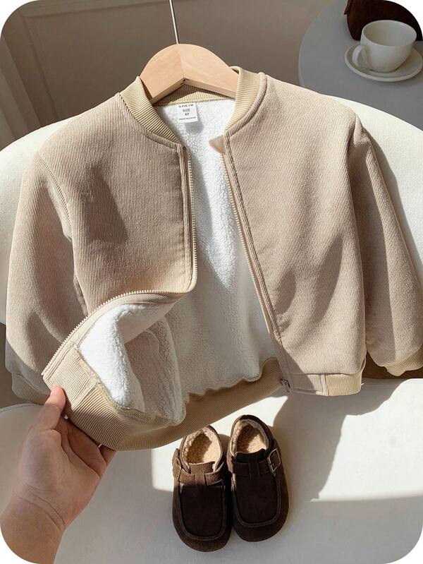 SHEIN 1 pieza Chaqueta caqui con forro térmico grueso para bebé niño y niña, ropa de abrigo casual de otoño/invierno
