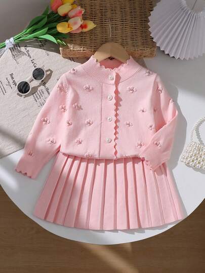 Elladie kids Young Girls Beige Cardigan Sweater & Blue Pleated Skirt 2-Piece Set, Suitable For Outings, Gatherings, Shopping, And Casual Wear, Spring/Autumn/Winter Kids Pleated Skirt Sets Girls Spring And Autumn Dress Autumn And Winter Young Girls Dressse Long Sleeves Kids Dress 4 Year Vintage Pink 2 Piece Dress Girl S Spring And Autumn Dress