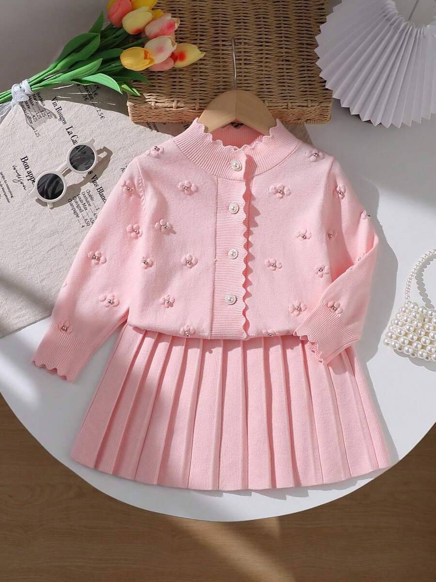 Elladie kids 女童粉色針織開襟衫與百褶裙兩件套,長袖女童套裝,適合春/秋/冬,復古外出聚會休閒穿著 - 粉色 - 查看 1