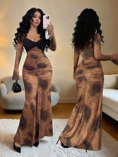 Rafferiza Elegante patchwork bloemenprint zeemeermin zoom gerimpelde bodycon jurk voor dames