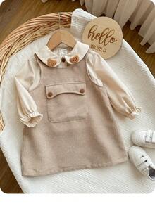 2 件套可爱女婴休闲运动学院风拼接装饰婴儿领衬衫防脱灯芯绒材质吊带连衣裙适合生日派对、晚会、表演、婚礼、洗礼、适合日常使用、适合旅行、适合秋冬季 - 卡其色 - 查看 6