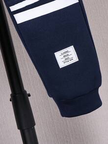 青少年男孩字母图案拉链连帽衫和慢跑裤套装，秋冬休闲装 - 藏蓝色 - 查看 5