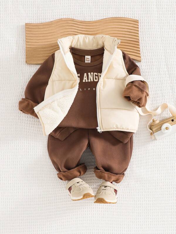 Cozy Pixies 3 Stücke Baby Jungen Set aus Buchstaben-Muster Weich Strick Rundhals Langarm Pullover, Jogginghose und ärmelloser Weste
