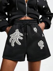 Aveloria GENKIRA Pantalones cortos casuales de mujer con bolsillos con cordón y rhinestones - Negro - Ver 1