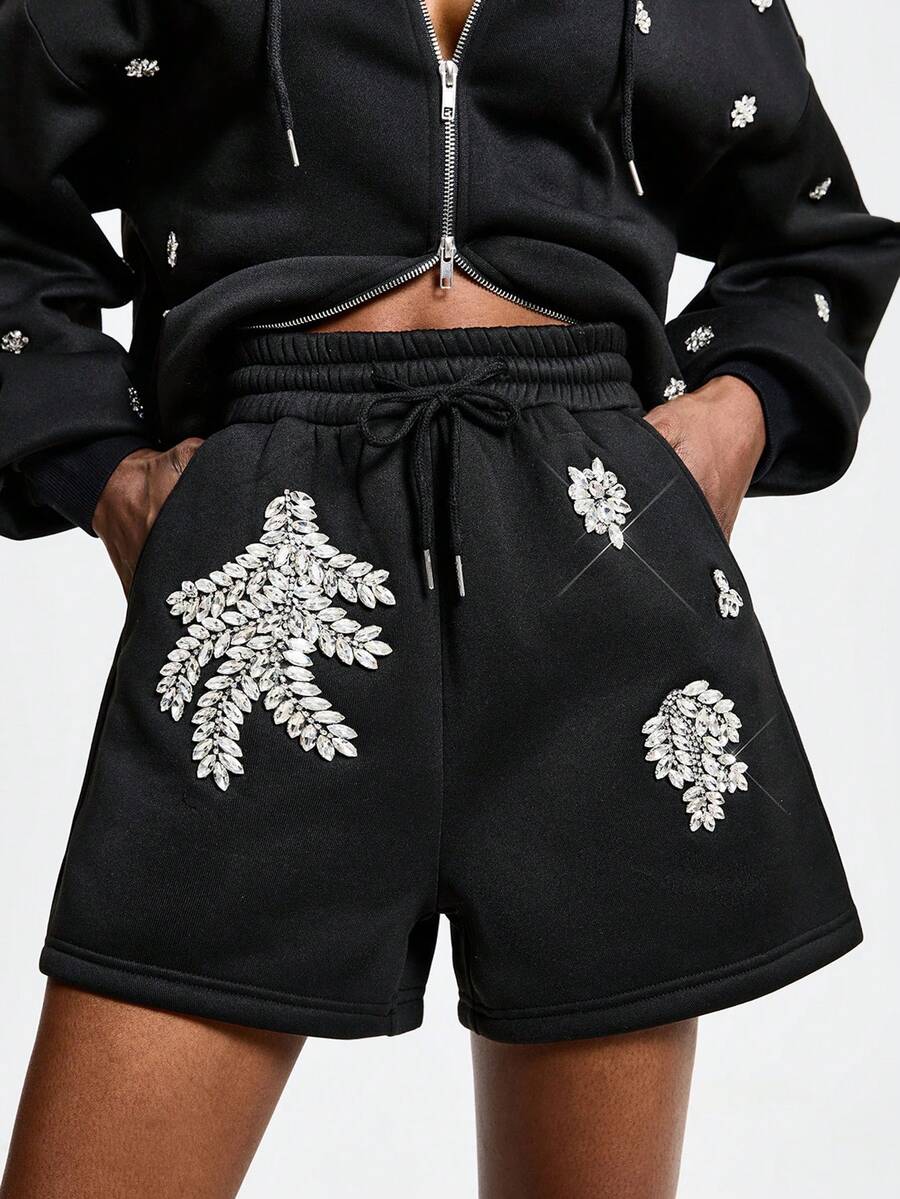 Aveloria GENKIRA Pantalones cortos casuales de mujer con bolsillos con cordón y rhinestones - Negro - Ver 1