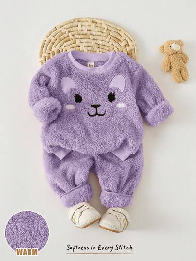 Cozy Pixies Conjunto cálido de 2 piezas para bebé niña: Sudadera con cuello redondo de felpa gruesa con aplicaciones de expresiones lindas de animales de dibujos animados y pantalones elásticos de cintura plisada, para otoño/invierno