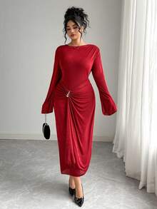 Elenzga Christmas Plus Size Autumn/Winter Knit Round Neck Cinched Waist Ruched Long Sleeve Mermaid Maxi Dress Burgundy Dress Red Long Sleeve Dress Red Curve Dress Ruched Dress Twist Front Dress Red Midi Dress Long Sleeve Elegant Dress Curve Elegant Dress Ruched Midi Dress Red Elegant Dress For Women Chinese New Year New Year Valentine's Day Christmas - Burgundy - View 4