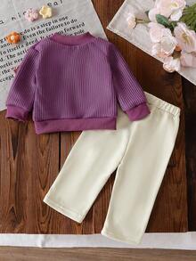 SHEIN Baby Girl Blue Knitted 3D Floral Pullover Sweater + Straight Leg Pants Set, Autumn/Winter - Purple - View 2