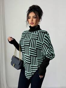 Elenzga Women's Elegant High Neck Geometric Textured Poncho Sweater, Colorblock, Suitable For Home & Travel, Spring/Autumn - Blue - View 5