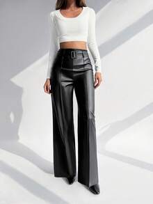 Firerie Women Minimalist Straight PU Leather Tights, Casual Daily Wear