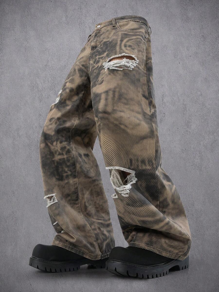 Manfinity Denimwave Men's Casual Fashion Street Graffiti Print Distressed Loose Wide-Leg Jeans Baggy Regular Washed Camouflage Y2K Going Out Party Ripped Jeans For Unisex - Coffee Brown - View 1