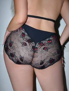 SHEIN Plus Size Women Lace Patchwork Skeleton Print Panty, 1pc - Black - View 1