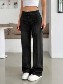 EURMUSE 灰色细条纹喇叭裤，低腰，无腰带环，阔腿剪裁，办公室风格，垂直条纹图案，量身定制的外观，职业装，弹性面料，修身臀部贴合，及地长度，经典设计 - 黑色 - 查看 1