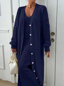 EURMUSE Ponpon And Stone Button Detail Maxi Long Cardigan - Navy Blue - View 2