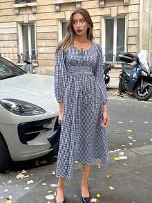 Pariaura 波西米亚风格蓝白格子灯笼袖连衣裙，褶皱腰方领设计，日常办公室修身长款格子连衣裙甜美风格蓝白格子方领连衣裙，灯笼袖和褶皱腰，复古修身长款摇摆格子连衣裙法式优雅蓝白格子灯笼袖连衣裙，褶皱腰方领，修身长款摇摆办公室连衣裙 - 寶藍色 - 查看 6