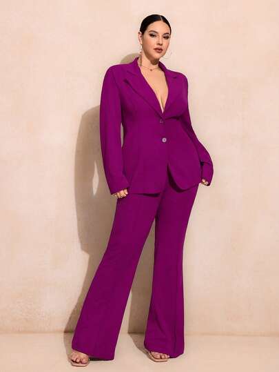 SHEIN SXY Conjunto de traje y pantalones acampanados de estilo de viaje para mujer de talla grande para otoño/invierno