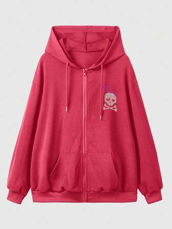 Kawaii Sudadera con capucha casual con calavera de strass, otoño