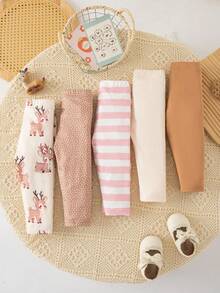 SHEIN Playful Pals 女婴休闲简约罗纹打底裤，百搭高弹，春秋装 - 卡其色 - 查看 2