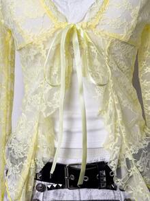 EgrlEra Áo cánh ren cổ chữ V phối ren tương phản gợi cảm dành cho nữ - Màu vàng - Xem 5