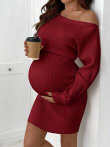 SHEIN Elegant Solid Color Off-Shoulder Knit Maternity Dress, Autumn/Winter - Red - View 4