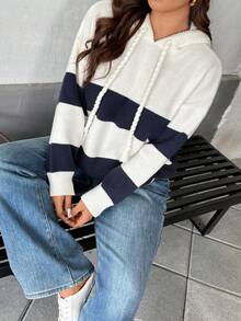 Calvaya 大码女式针织毛衣，厚连帽套头衫，腰部抽绳，拼色休闲日常穿着，冬季 - 彩色 - 查看 4