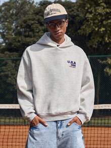 SWAVVY 男式棒球印花图案上衣，采用羊毛面料，连帽宽松运动衫，适合秋冬 - 淺灰色 - 查看 4