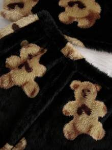 女士卡通熊毛绒背心短裤睡衣套装 可爱家居服套装 豹纹睡衣套装 泰迪熊睡衣套装 动物纹睡衣套装 可爱女士套装，蓬松舒适冬季服装 - 黑色 - 查看 4