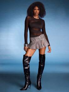 Normani 夏季黑色圆领性感透视镂空网纱拼接不对称连体衣 - 黑色 - 查看 5