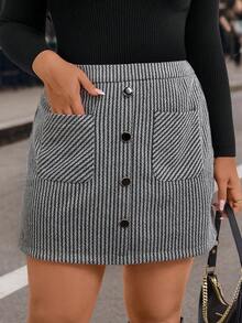 EMERY ROSE Plus Size Elegant Fitted Minimalist Versatile Personalized Skirt, Suitable For Christmas, Valentine's Day - Black and White - View 1