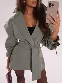 SHEIN BAE معطف ترنش بحزام ذو لون أحادي، مناسب للتنقل - رمادي - مشاهدة 5