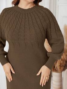 Lacomfia Gaun Rajut Elegan Wanita Ukuran Besar dengan Motif Kabel, Leher Bulat, Lengan Raglan, Lengan Panjang, Musim Gugur/Musim Dingin - Coffee Brown - View 6