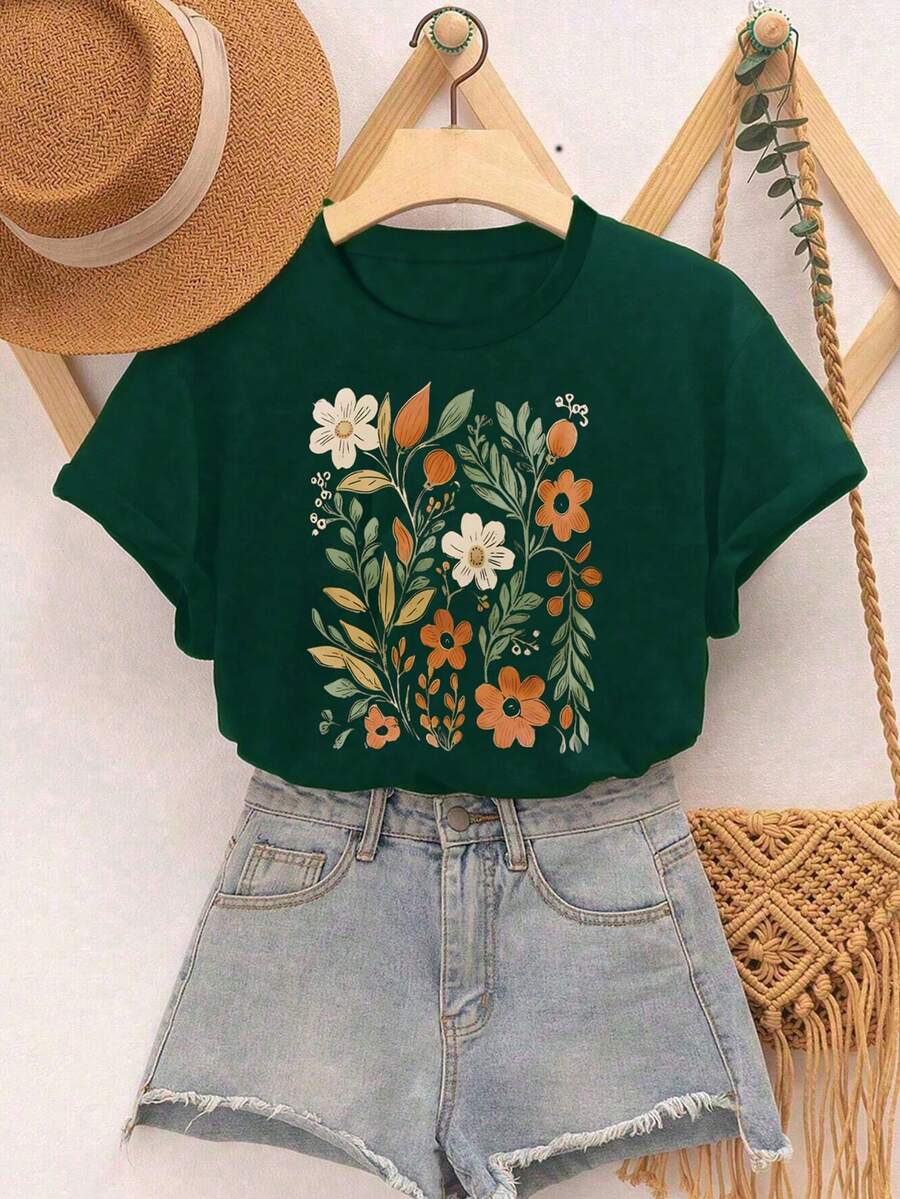 SHEIN Tween Girl Short Sleeve Floral Print Tee - Dark Green - View 1