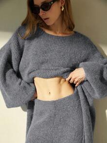 Aveloria Modichic 2pcs Set: Stylish Asymmetric Hem Long Sleeve Sweater & Pants, Casual Loungewear - Grey - View 3