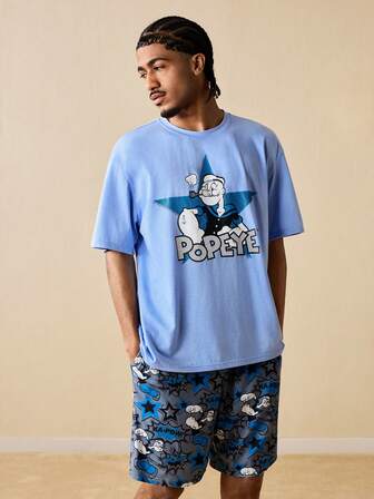 Popeye X SHEIN Men's Casual Letter & Cartoon Print Round Neck Short Sleeve Top And Shorts Pajama Set, Summer