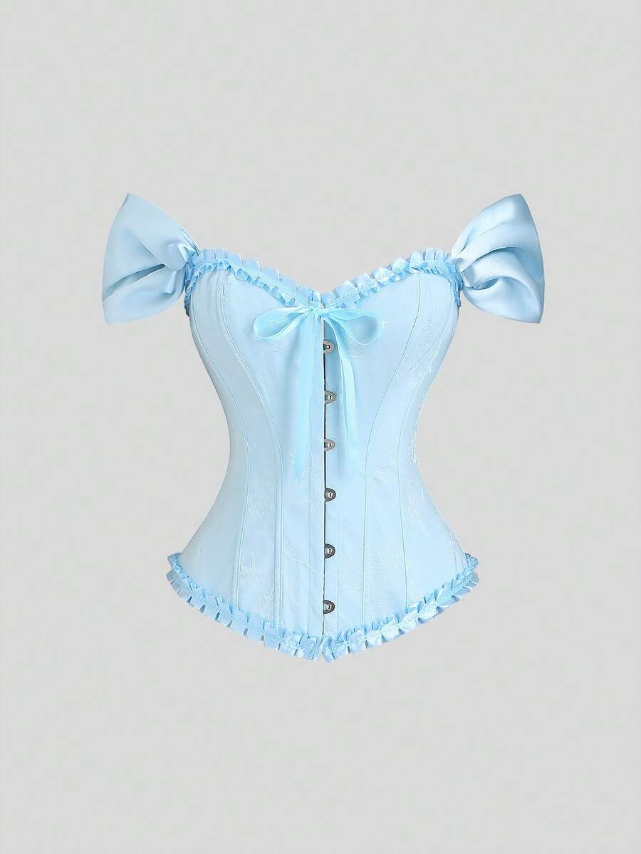 Sweetra Blusa de mujer con hombros descubiertos, volantes y estampado floral con nudo en la cintura - Azul - Ver 1
